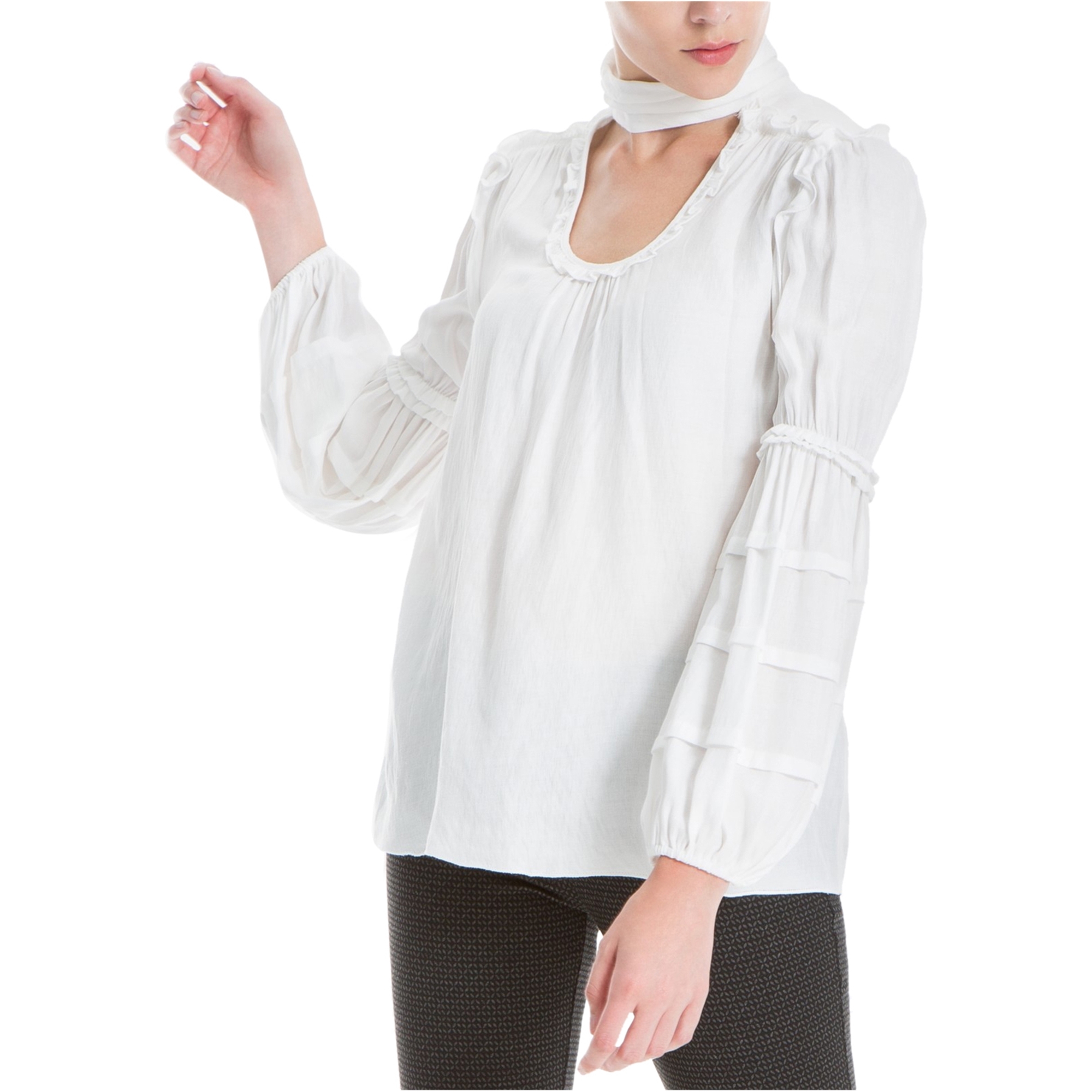 Max Studio London Womens Choker Peasant Blouse, Off-White, Medium